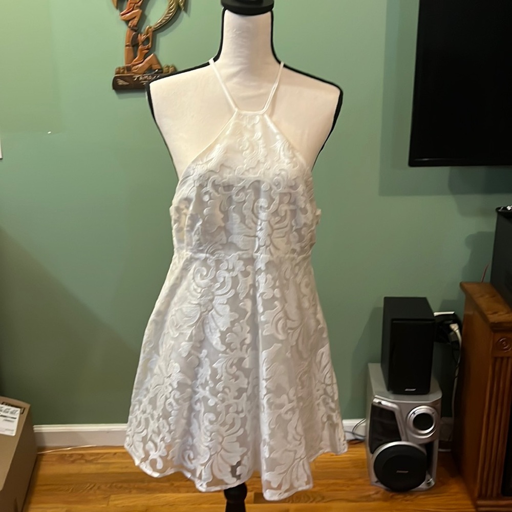 NastyGal white halter style A-lime mini skater dress. New, never worn